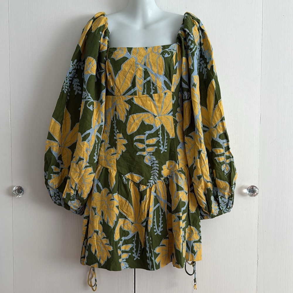 FARM RIO Foliage Sketch Green LongSleeve Linen MiniDress Tropical Lace-Up XL NWT - Picture 4 of 16